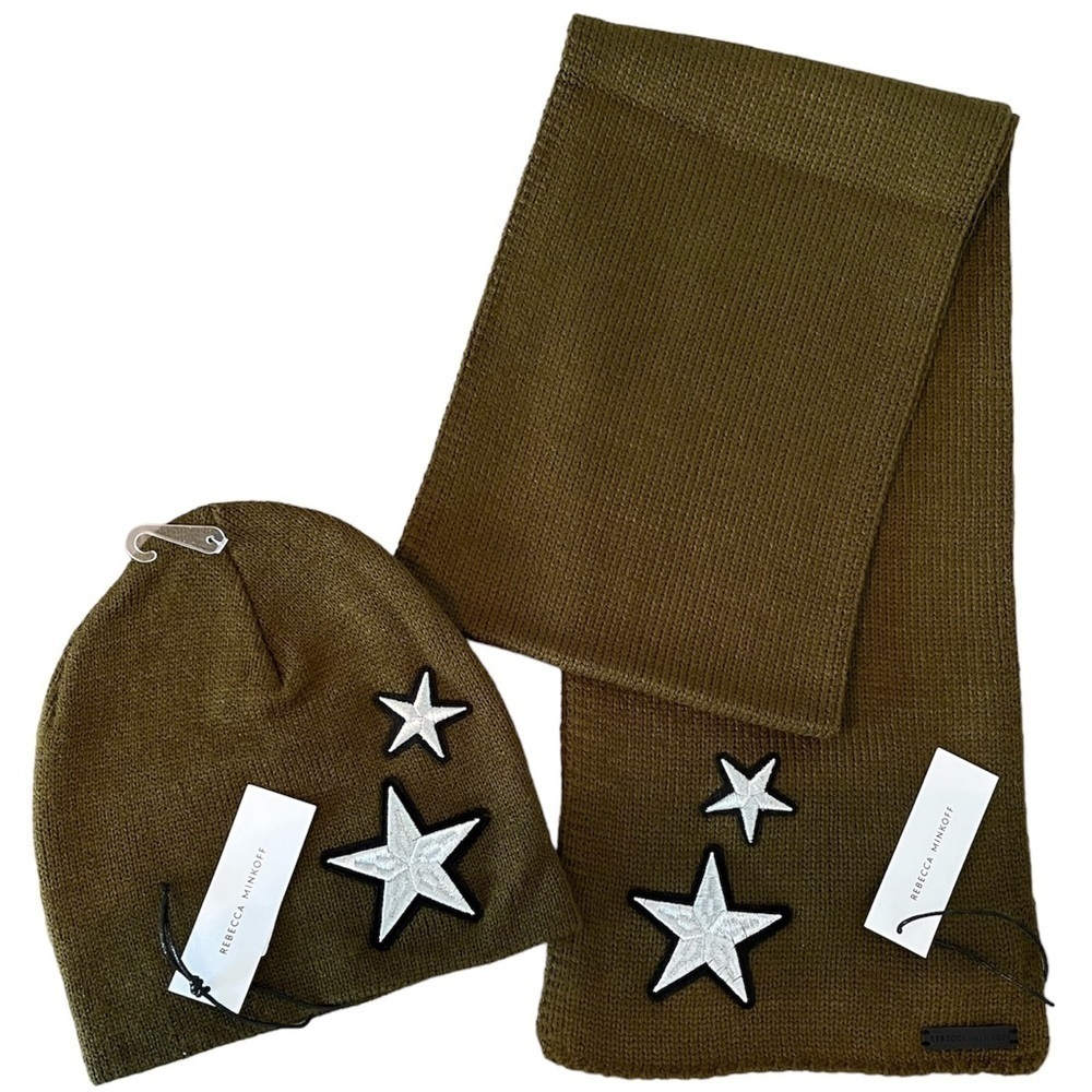 Rebecca Minkoff Star Scarf and Beanie Hat Set Dark Olive Rib Knit